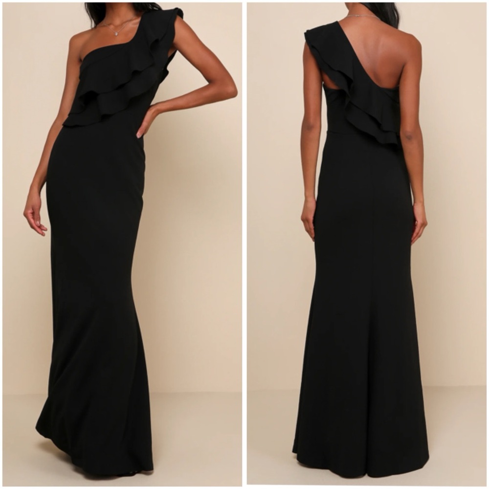 NWT Black Ruffled One-Shoulder Mermaid Maxi Dress